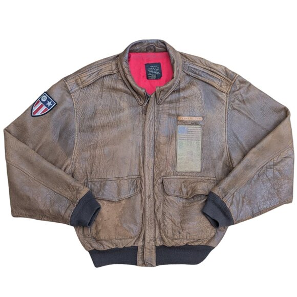 Vintage 1987 Avirex Flying Tiger Brown Leather Bomber Jacket Mens L - Picture 2 of 14